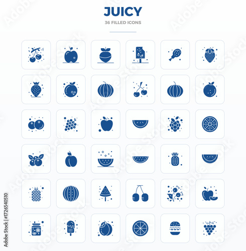 Innovative pack of 36 vector icons themed around Juicy, showcasing SolidFill design in 128x128 PIXEL perfect format for modern digital solutions.