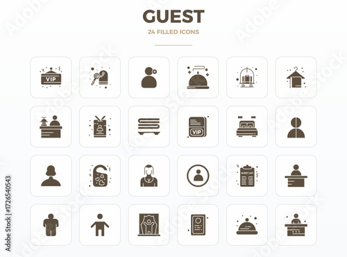 State-of-the-art bundle featuring 24 PIXEL perfect vector icons inspired by Guest, created in SolidFill format at 128x128 for next-generation interfaces.