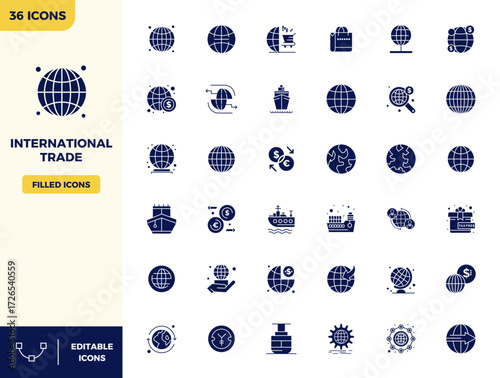 Strategic bundle featuring 36 vector icons representing International Trade in Filled format, optimized with 128x128 PIXEL perfect quality for professional workflows.