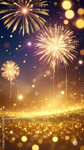 Fireworks display over a glittering golden landscape at night