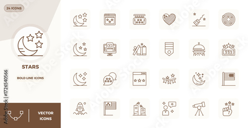 Transform your designs with 24 Bold Line vector icons themed around Stars, engineered in 128x128 PIXEL perfect resolution for maximum clarity.
