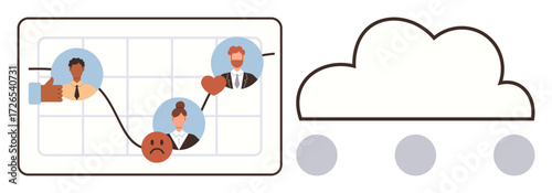 Graph with emoticons showing fluctuating emotions, team member portraits, thumbs-up, heart, connected to a cloud with nodes. Ideal for teamwork, data sharing, emotions, analysis collaboration