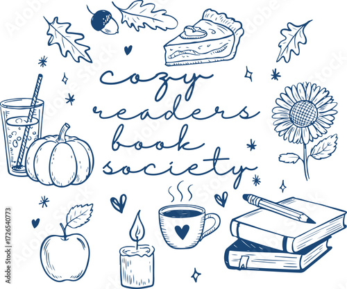 Cozy Readers Book Society – Hand-Drawn Fall Illustration with Books, Coffee, Pumpkin, Pie and Candle – Autumn Sublimation for Book Lovers