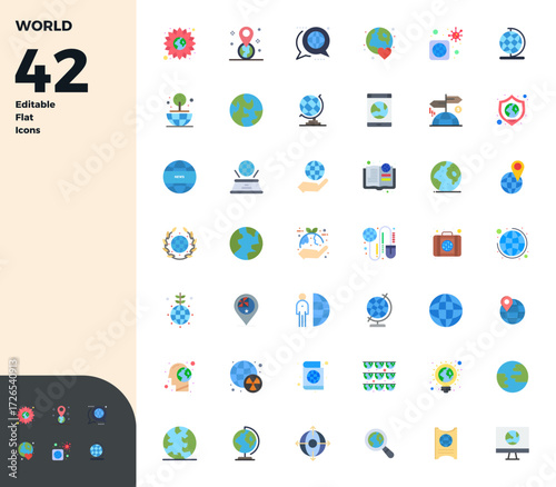 Set of 42 Flat PIXEL perfect vector icons themed around World, crafted in 128x128 resolution for seamless integration in apps and websites.