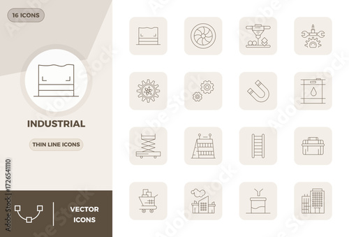 Transform your designs with 16 Thin Line vector icons themed around Industrial, engineered in 128x128 PIXEL perfect resolution for maximum clarity.