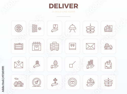 A clean collection of 24 Strong Outline vector icons representing Deliver, designed in 128x128 PIXEL perfect format for modern dashboards and interfaces.