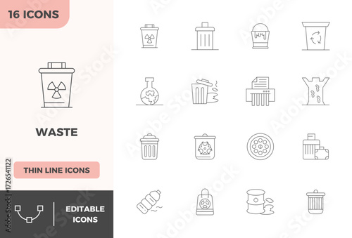 Precision-engineered 16 Minimal Line vector icons for Waste, designed at 128x128 PIXEL perfect resolution for exceptional clarity and scalability.