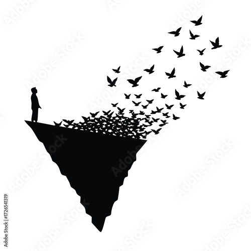 Silhouette figure cliff edge flock birds flying person