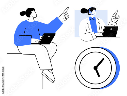 Professionals working with laptops, interacting through gestures, and a clock symbol for time awareness. Ideal for teamwork, remote work, communication, productivity, collaboration, time management