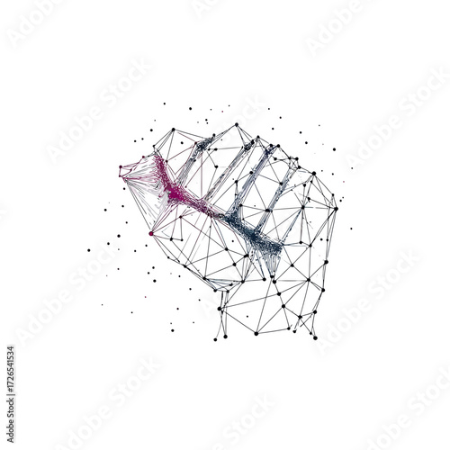 Abstract geometric fist composed of connected lines and dots symbolizing unity strength and solidarity in digital wireframe style on white background vector illustration