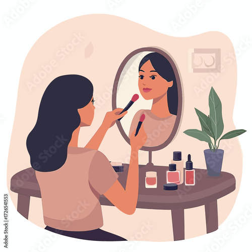 Young Woman applying makeup using brushes sitting at dressing table with mirror and cosmetics in minimalist style vector illustration