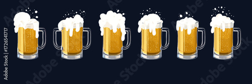 Set of seven beer mugs with golden beer and white frothy foam in flat minimalist style isolated on dark background vector illustration collection of cold draft beer glasses with bubbles and splashes