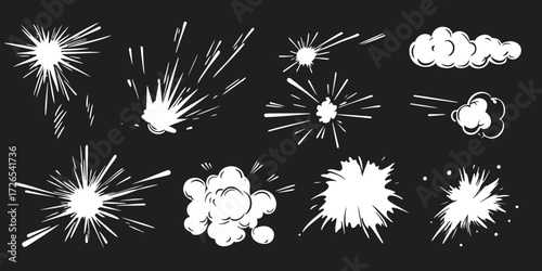Set of white comic explosion effects with smoke clouds and motion lines on black background for dynamic action bursts and cartoon speed impact illustrations