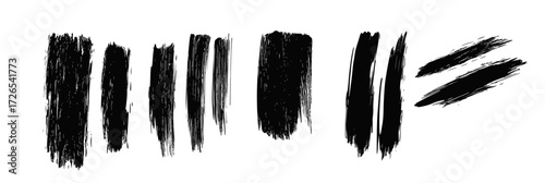 Set of nine black rough grunge brush strokes isolated on white background in flat minimalist style for design elements and textures collection vector illustration