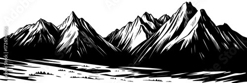 Hand drawn black and white woodcut style mountain range with snow capped peaks and rugged terrain minimalist vector illustration
