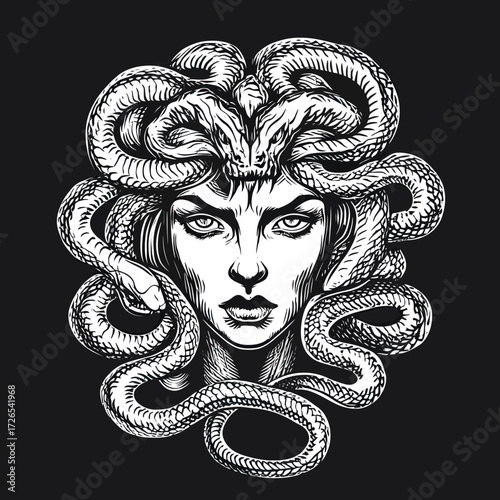 Medusa head with snakes detailed engraving vector illustration, mythological Gorgon with intense gaze and coiled serpents on black background, black and white