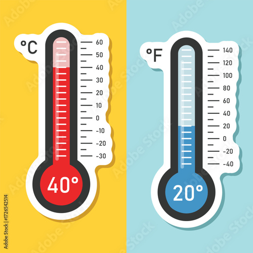 Thermometer sticker icon in flat style. Climate control vector illustration on isolated background. Weather change sign business concept.