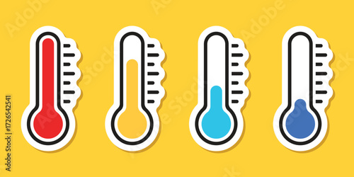 Thermometer sticker icon set in flat style. Climate control vector illustration on isolated background. Weather change sign business concept.