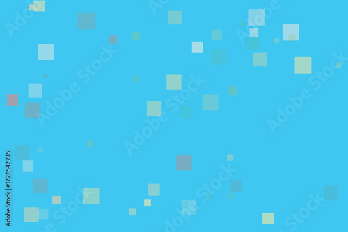 Scattered translucent squares in various shades of blue and green on a bright blue background