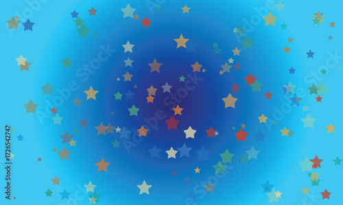 Scattered colorful stars on a blue gradient background with bokeh effect vector 2