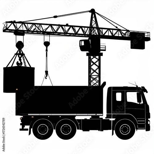 Silhouette of construction crane and truck