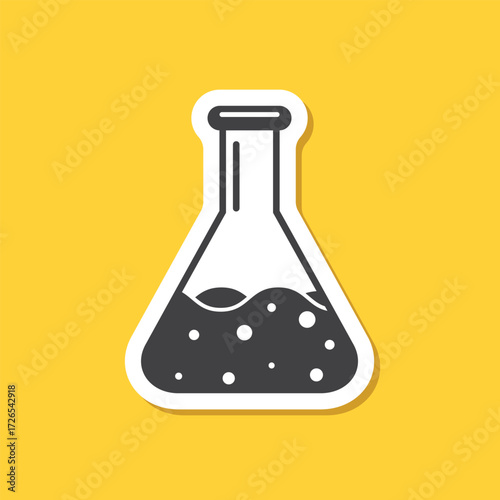 Science lab bottle sticker icon in flat style. Laboratory glassware equipment vector illustration on isolated background. Test tube sign business concept.