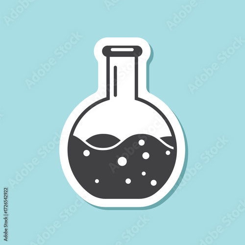 Science lab bottle sticker icon in flat style. Laboratory glassware equipment vector illustration on isolated background. Test tube sign business concept.