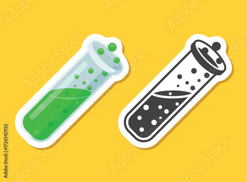 Science lab bottle sticker icon in flat style. Laboratory glassware equipment vector illustration on isolated background. Test tube sign business concept.