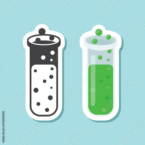 Science lab bottle sticker icon in flat style. Laboratory glassware equipment vector illustration on isolated background. Test tube sign business concept.