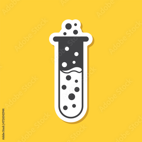 Science lab bottle sticker icon in flat style. Laboratory glassware equipment vector illustration on isolated background. Test tube sign business concept.