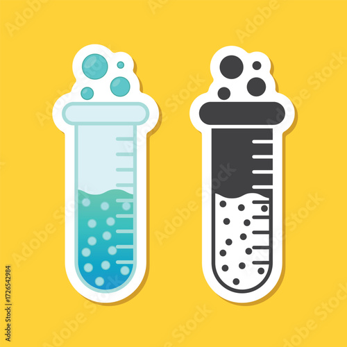Science lab bottle sticker icon in flat style. Laboratory glassware equipment vector illustration on isolated background. Test tube sign business concept.