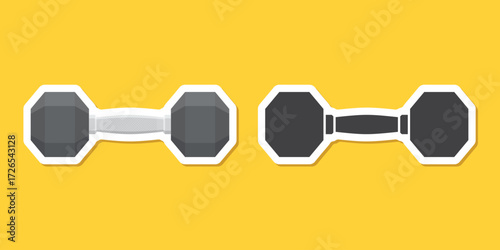 Dumbbell sticker icon in flat style. Workout gym tool vector illustration on isolated background. Barbell fitness equipment sign business concept.