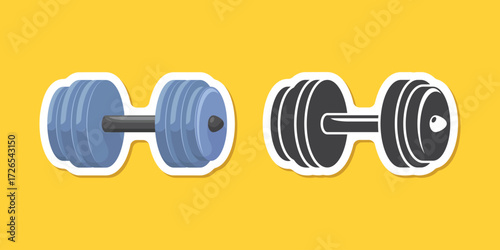 Dumbbell sticker icon in flat style. Workout gym tool vector illustration on isolated background. Barbell fitness equipment sign business concept.