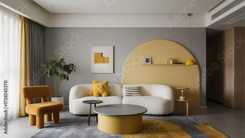 Modern living room with yellow and gray color scheme, featuring a white sofa, circular coffee table, and minimalist decor