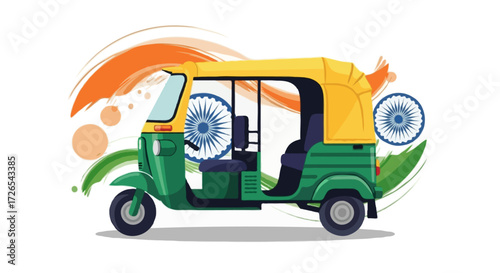 Flat realistic vector of an Indian tuk tuk in green and yellow, no outline, clean color blocks with soft gradients, placed on a white background with abstract saffron