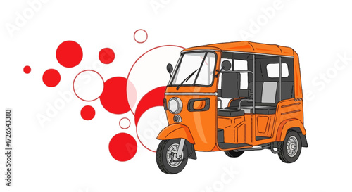 Flat realistic vector illustration of an Indonesian bajaj in bright orange, detailed but minimal style, white background with abstract colorful circle shapes in red and white