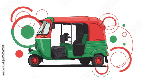 Flat realistic vector illustration of a Bangladeshi tuk tuk in green body with red top, clean detailed vector style, white background with abstract colorful circle shapes in red and green