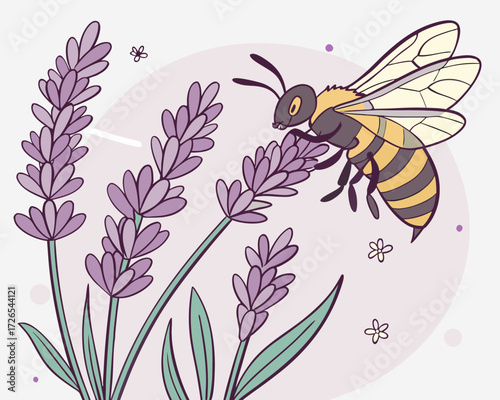 A vibrant vector illustration of a bee on a flower featuring a floral pattern and leaf design for spring nature art
