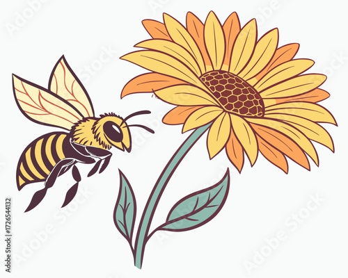 A charming illustration of a bee on a vibrant flower in a spring garden