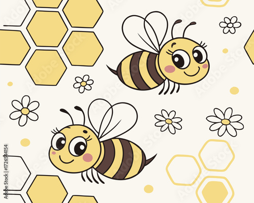 A cute cartoon bee vector illustration, happily flying near a flower to collect honey