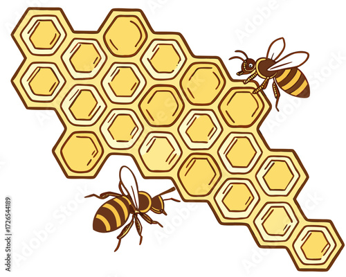 Vector illustration of a sweet bee on a golden honeycomb cell pattern with honey and wax in a beehive