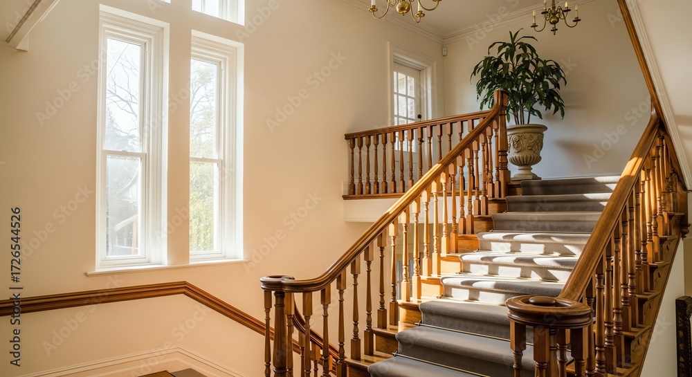 Obraz premium Elegant Wooden Staircase in a Historic Home, Sunlight Drenched