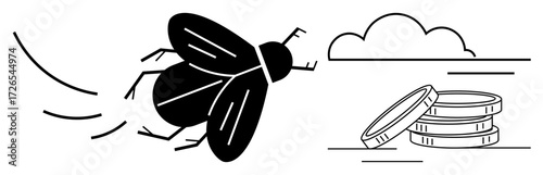Black flying insect near stacked coins beside a cloud in a linear design. Ideal for finance, pollution, uncertainty, risk, environmental issues, sustainability, and abstract thought. A simple flat