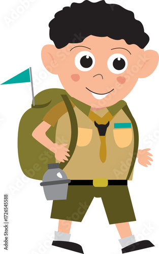 Boy Scout Explorer with cap Hiking. Editable Clip Art.