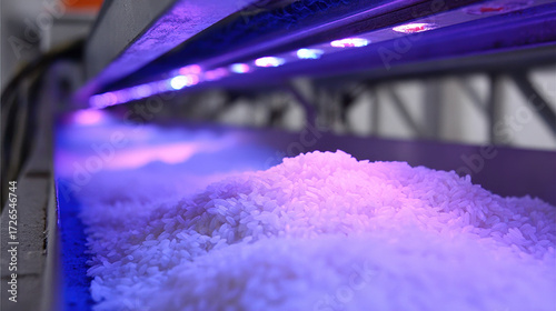 Polished rice is illuminated by fluorescent lights on conveyor belt, showcasing its texture and shine in modern processing facility. vibrant colors create appealing visual effect