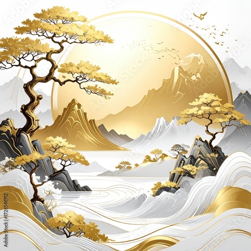Golden landscape with pine trees and mountains