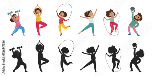 Kids fitness activities set, cute cartoon children doing sport exercises with silhouettes, vector illustration of healthy lifestyle, yoga, skipping rope, weightlifting, dancing, workout design