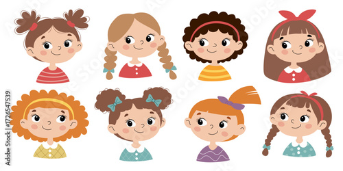 Cute cartoon girls faces set, vector illustration of diverse kids portraits with different hairstyles and expressions, children avatars for design and decoration
