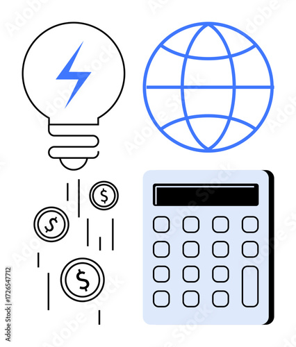 Lightbulb with lightning bolt, coins falling, globe, and calculator representing energy efficiency, global economy, finance, technology, and calculations. Ideal for sustainability innovation