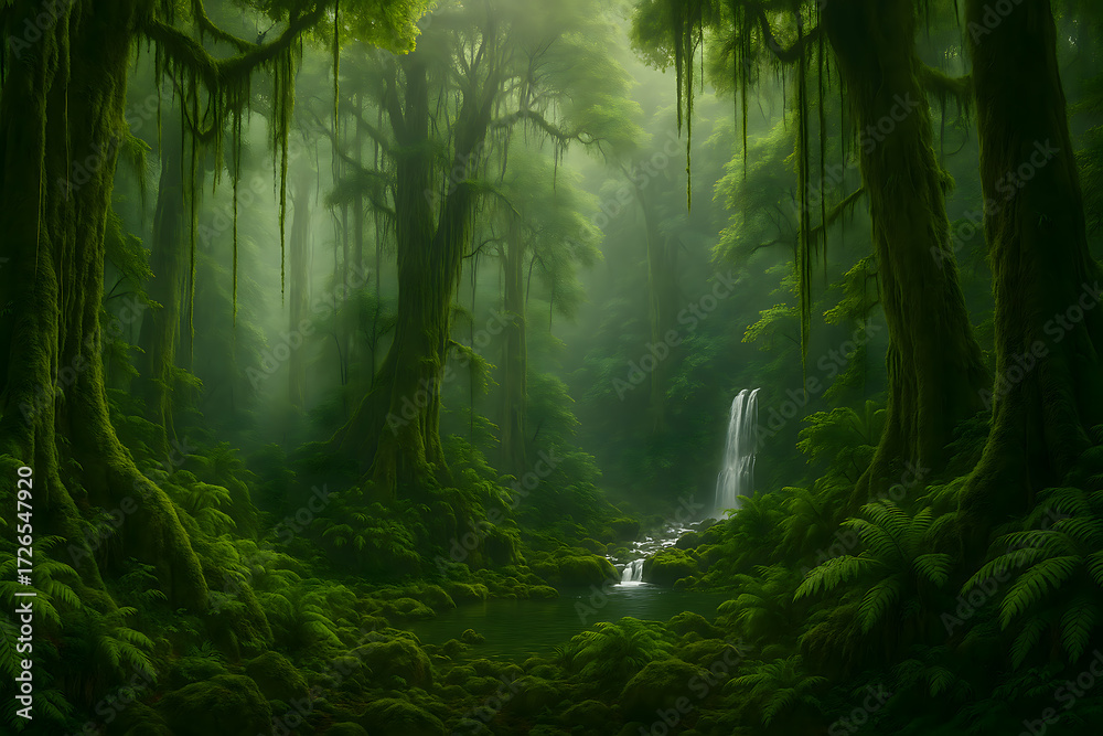 Fototapeta premium Misty rainforest with mossy trees and a small waterfall
